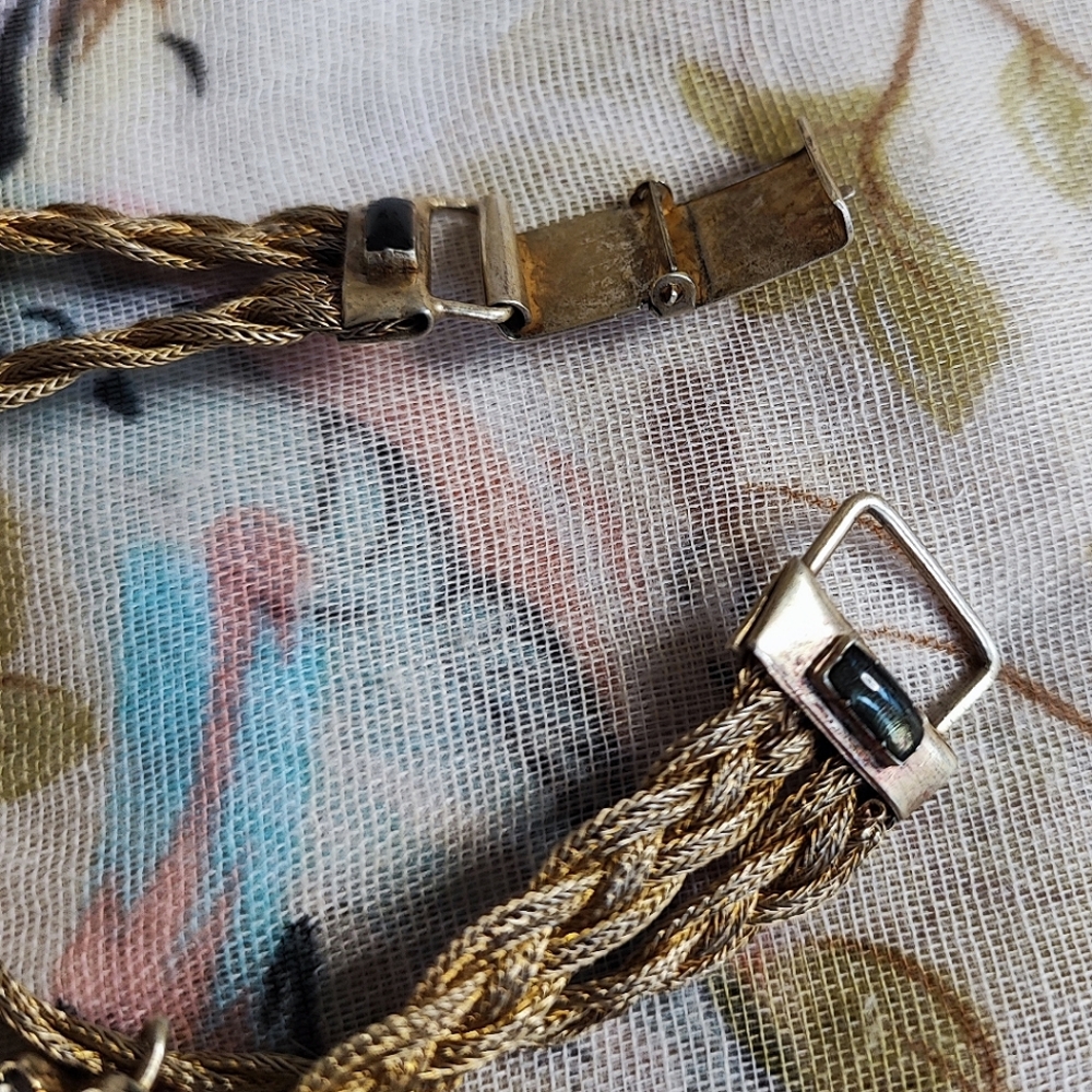 Dual Strand Braided Sterling Vintage Gold Wash Slide Bracelet Red & Gray Stones - Picture 11 of 15
